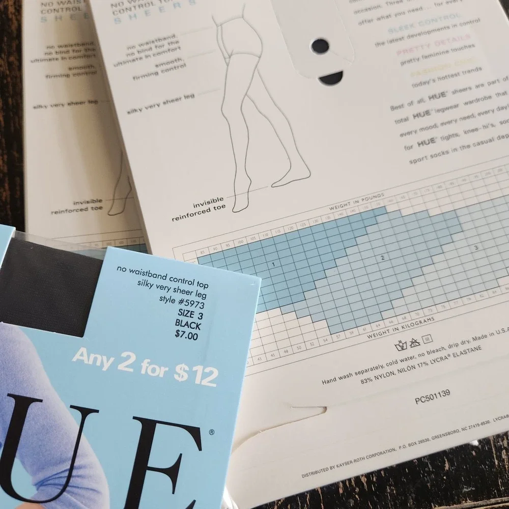 Lot of 3 HUE No‎ Waistband Control Top Sheer PANTYHOSE Black #5973 Size 3 NEW